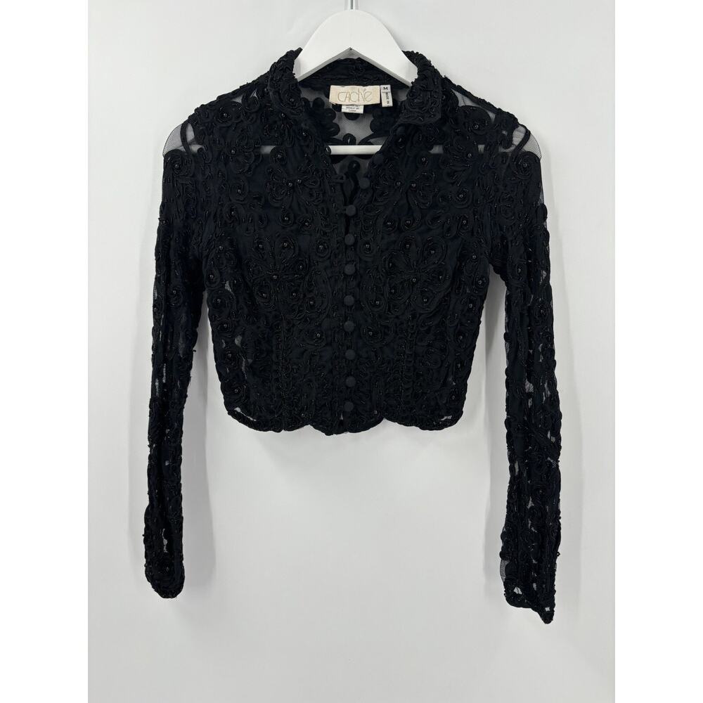 Cache Jacket Womens Medium Black Sheer Beaded Button Front Mesh Collar Floral